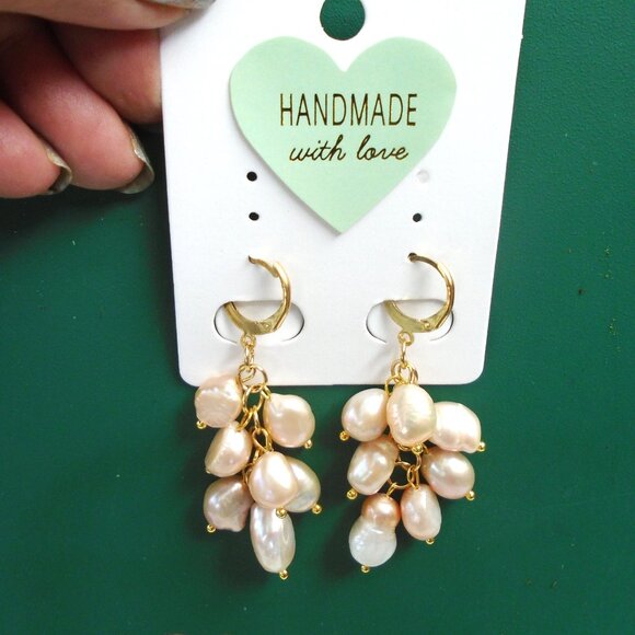 Peach Puff Pearl Dangle earrings, Lucky 7 freshwater potato pearls on huggie - Picture 6 of 7